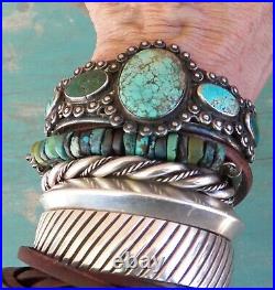 Heavy Old Pawn Vintage Sterling Silver Blue Green Turquoise Row Cuff Bracelet