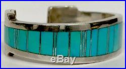 Heavy Thick Vintage Navajo Sterling Silver Turquoise Inlay Cuff Bracelet