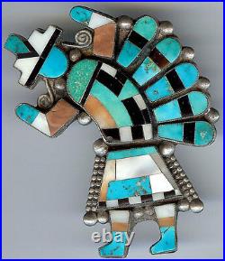 Huge Deluxe Vintage Zuni Indian Sterling Inlaid Coral Turquoise Rainbow Man Pin
