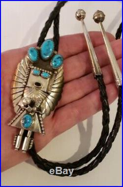 Huge Exceptional Vintage Native American Sterling Silver Signed Kachina Bolo