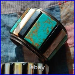 Huge Vintage Native American Onyx Turquoise & Mother Of Pearl Cuff 2 1970s