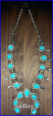 Huge Vintage Navajo Squash Blossom Necklace Sterling Silver 17 Gem Turquoise