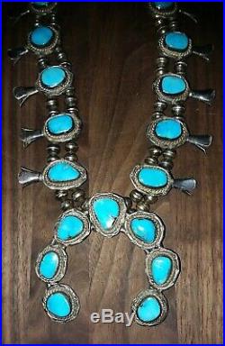 Huge Vintage Navajo Squash Blossom Necklace Sterling Silver 17 Gem Turquoise
