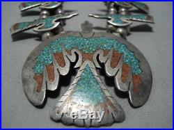 Huge! Vintage Navajo Turquoise Coral Sterling Silver Squash Blossom Necklace Old