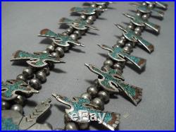 Huge! Vintage Navajo Turquoise Coral Sterling Silver Squash Blossom Necklace Old