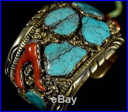 Huge Vintage Old Pawn Navajo R A LEWIS IHMSS BIG Turquoise Sterling Bracelet