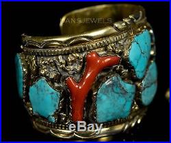 Huge Vintage Old Pawn Navajo R A LEWIS IHMSS BIG Turquoise Sterling Bracelet