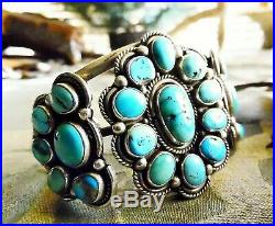 Huge Vintage Old Pawn Silver Navajo Cluster Turquoise Cuff Bracelet