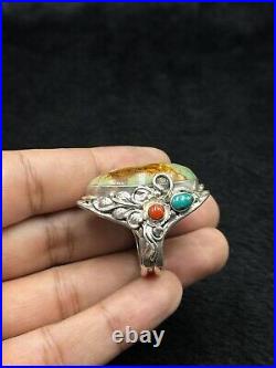 Huge Vintage Sterling Silver Native American Ring With Natural Turquoise & Coral