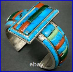 INCREDIBLE Vintage Navajo Silver Turquoise Cornrow Inlay Cuff Bracelet RARE