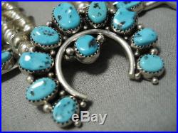 Important Navajo Guild Vintage Sterling Silver Turquoise Squash Blossom Necklace