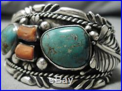 Incredible Vintage Navajo Royston Turquoise Coral Sterling Silver Bracelet Old