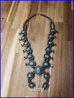 Incredible Vintage Navajo Turquoise Sterling Silver Squash Blossom Necklace Old