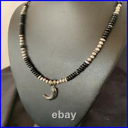 Inlay Pendant Native Am Navajo Pearls Sterling Silver Black Onyx Necklace 12281