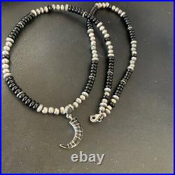 Inlay Pendant Native Am Navajo Pearls Sterling Silver Black Onyx Necklace 12281