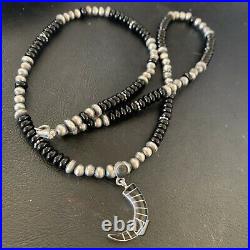 Inlay Pendant Native Am Navajo Pearls Sterling Silver Black Onyx Necklace 12281