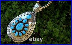 Jerry Cowboy Signed Navajo Silver Turquoise Pendant for Necklace Vintage