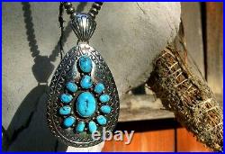 Jerry Cowboy Signed Navajo Silver Turquoise Pendant for Necklace Vintage