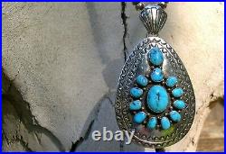 Jerry Cowboy Signed Navajo Silver Turquoise Pendant for Necklace Vintage