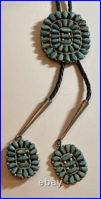 John Mike Begay Native Pawn needlepoint Turquoise Silver Bolo Tie Vintage 1970s