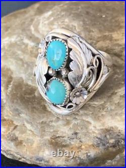 Kingman Turquoise Navajo Sterling Silver 2 Stone Ring Size 11.5 14174