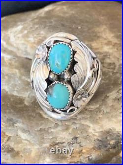 Kingman Turquoise Navajo Sterling Silver 2 Stone Ring Size 11.5 14174