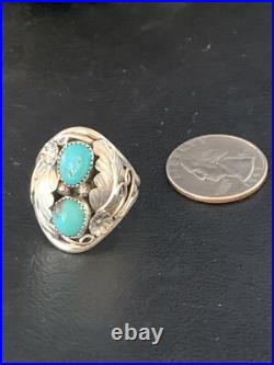 Kingman Turquoise Navajo Sterling Silver 2 Stone Ring Size 11.5 14174