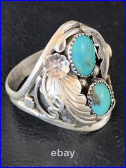 Kingman Turquoise Navajo Sterling Silver 2 Stone Ring Size 11.5 14174