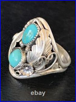 Kingman Turquoise Navajo Sterling Silver 2 Stone Ring Size 11.5 14174