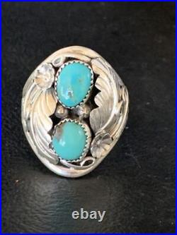 Kingman Turquoise Navajo Sterling Silver 2 Stone Ring Size 11.5 14174