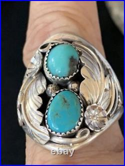 Kingman Turquoise Navajo Sterling Silver 2 Stone Ring Size 11.5 14174