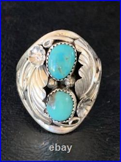 Kingman Turquoise Navajo Sterling Silver 2 Stone Ring Size 11.5 14174