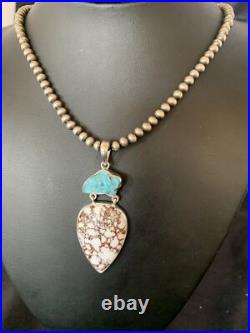 Kingman & Wild Horse Turquoise Pendant Navajo Sterling Silver Necklace 11811