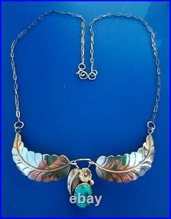 LARGE VINTAGE NAVAJO STERLING SILVER TURQUOISE FEATHER NECKLACE Sign MP 10.6 GR