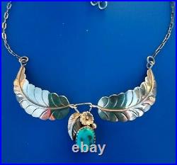 LARGE VINTAGE NAVAJO STERLING SILVER TURQUOISE FEATHER NECKLACE Sign MP 10.6 GR