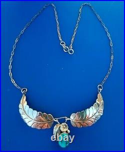 LARGE VINTAGE NAVAJO STERLING SILVER TURQUOISE FEATHER NECKLACE Sign MP 10.6 GR