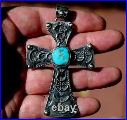 LARGE Vintage Navajo Handmade Sterling Silver Blue Turquoise Stone Cross Pendant