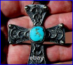 LARGE Vintage Navajo Handmade Sterling Silver Blue Turquoise Stone Cross Pendant