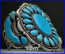 LARGE Vintage Navajo Sterling Silver Turquoise Cluster Cuff Bracelet