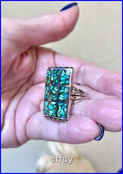 LOVELY Vintage Native American LARGE Sterling Silver Turquoise Chip Inlay Ring