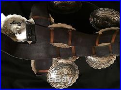 L. James Native American VTG Concho Leather Belt THICK Sterling silver old pawn