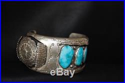 Large Vintage Men's Navajo Silver+Turquoise Watch Cuff Bracelet