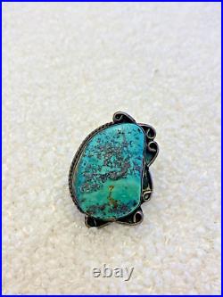 Large Vintage Native American Sterling Silver Green Turquoise Ring Size 5 3/4