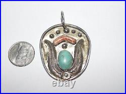 Large Vintage Native American Sterling Silver Turquoise & Coral Pendant