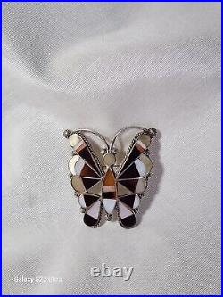 Large Vintage Native American Zuni Sterling Silver Inlaid Gemstone Butterfly Pin