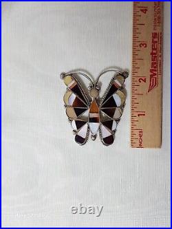 Large Vintage Native American Zuni Sterling Silver Inlaid Gemstone Butterfly Pin