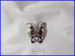 Large Vintage Native American Zuni Sterling Silver Inlaid Gemstone Butterfly Pin