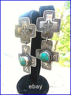 Large Vintage Navajo Hand Stamped Cross Sterling Silver and Turquoise Earrings