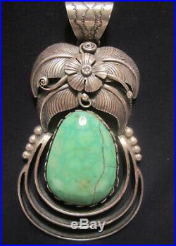 Large Vintage Navajo Pawn Sterling Silver Turquoise Pendant Necklace Signed