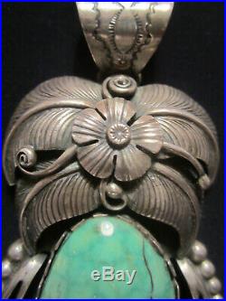 Large Vintage Navajo Pawn Sterling Silver Turquoise Pendant Necklace Signed